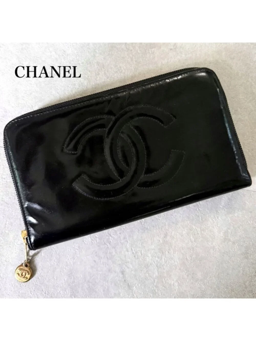 Chanel Round Zipper Long Wallet Coco Patent Leather Decacoco Black